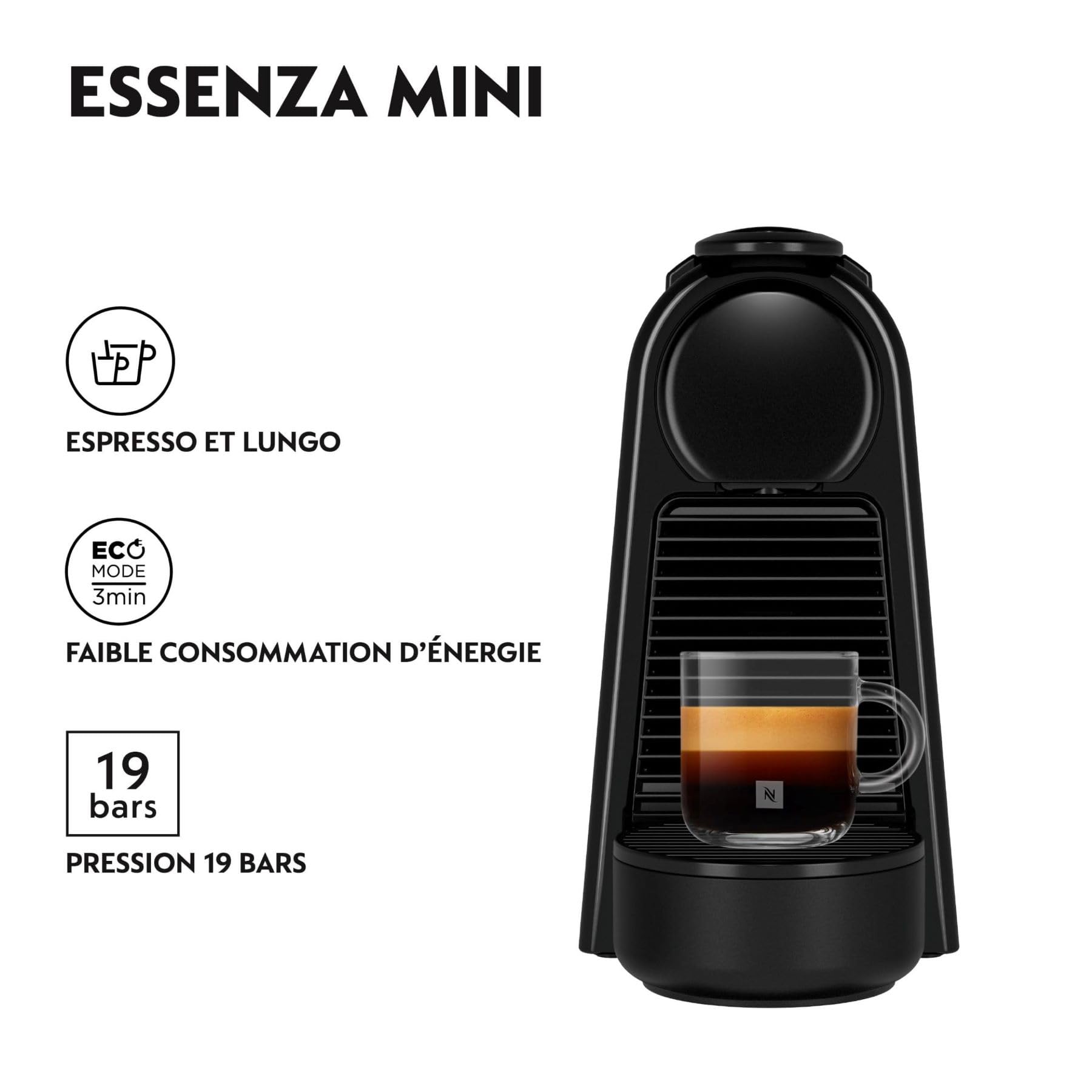 Elvato Essenza Mini Noir EN85.B – Machine à Café 19 Bars, Espresso & Lungo, Kit de Bienvenue Inclus
